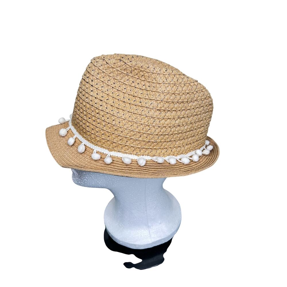 Chatties Tan Paper Fedora Sun Hat White Mini Pom Pom Band O/S